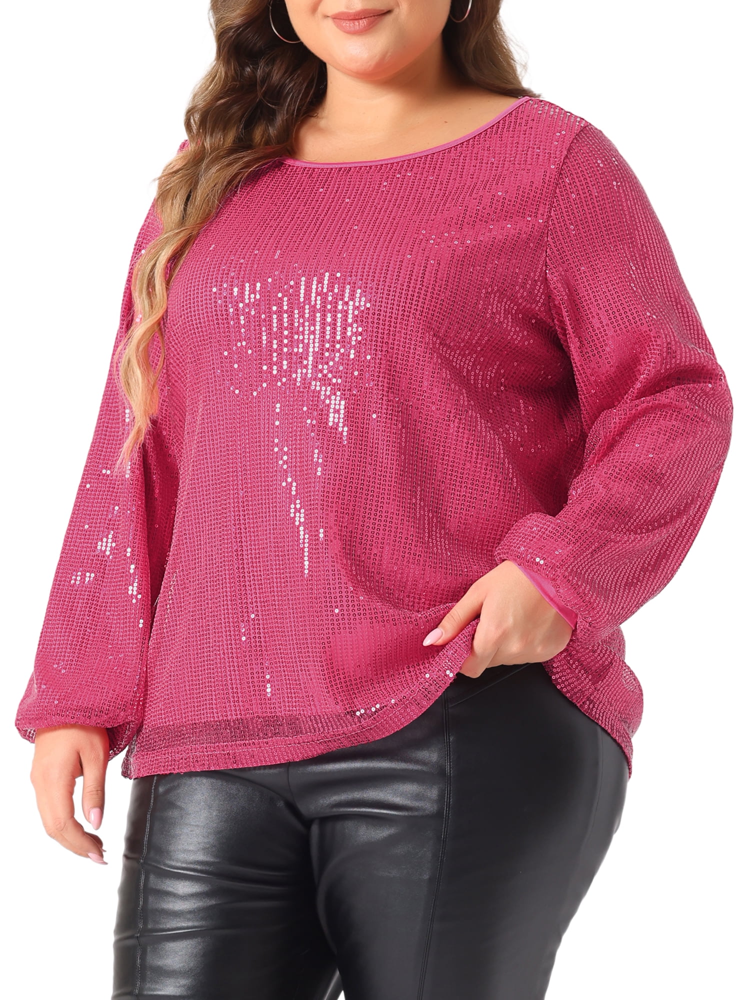 DARING DIVA Women's Plus Long Sleeve Glitter Sparkly Blouse 1X Hot Pink