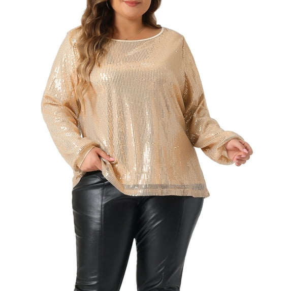 DARING DIVA Women's Plus Long Sleeve Glitter Sparkly Blouse 2X Champagne