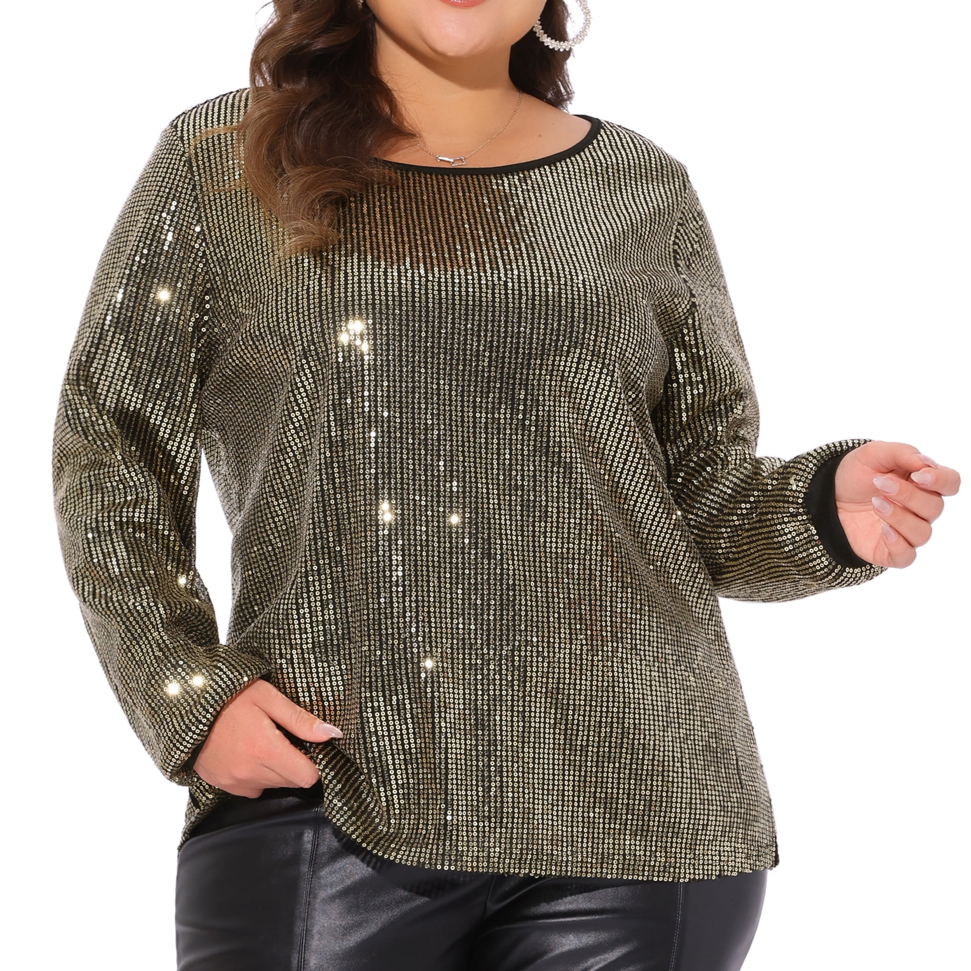 DARING DIVA Women's Plus Long Sleeve Glitter Sparkly Blouse 2X Gold