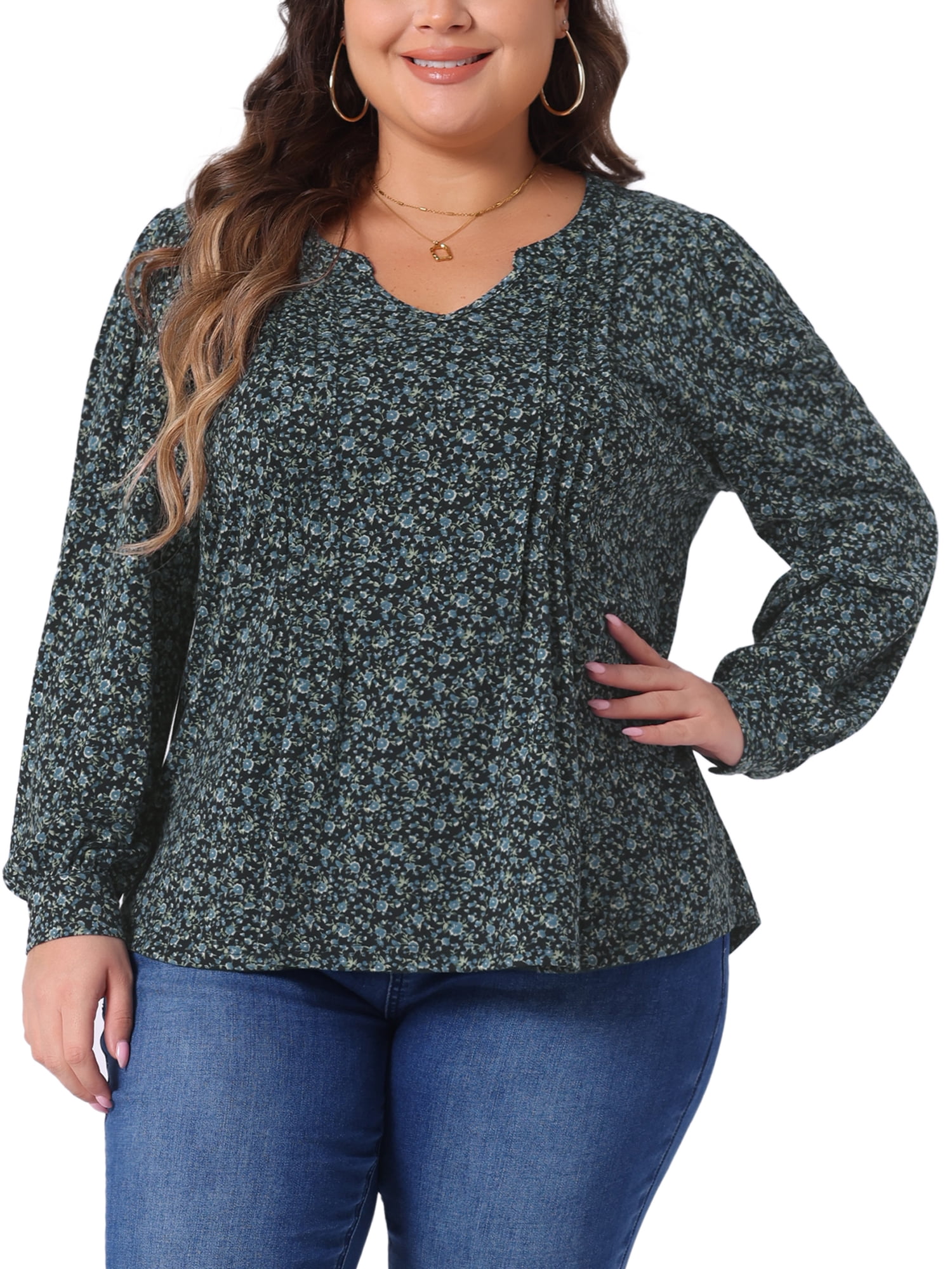 DARING DIVA Women's Plus Pleated Notch V Neck Floral Tunic Blouse 1X Black Blue