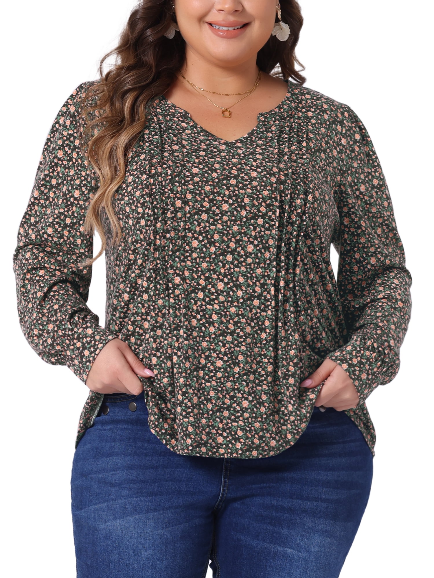 DARING DIVA Women's Plus Pleated Notch V Neck Floral Tunic Blouse 4X Brown Orange
