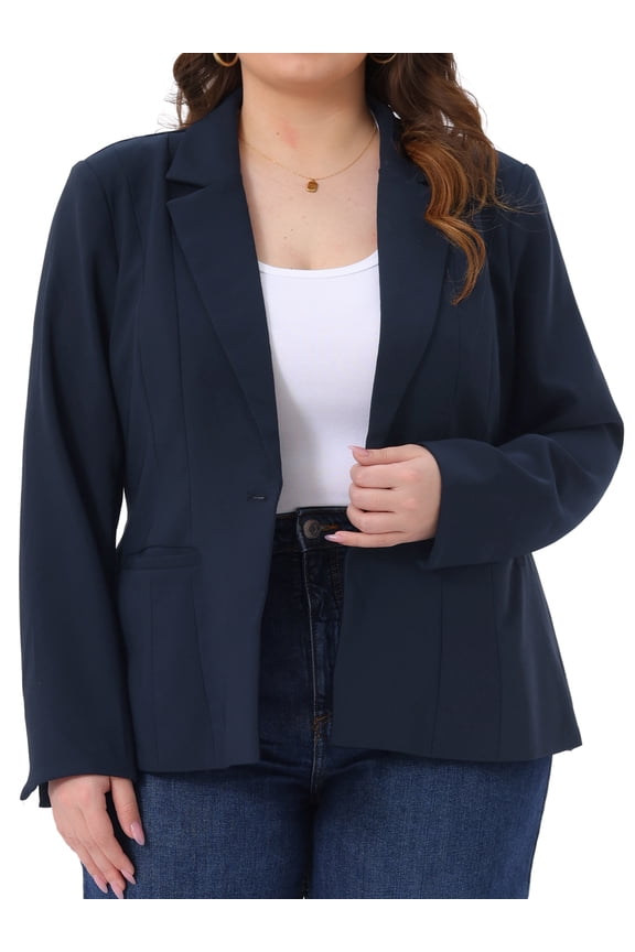 Women's Plus Long Sleeve Notched Lapel Business Blazer Navy Blue 2X