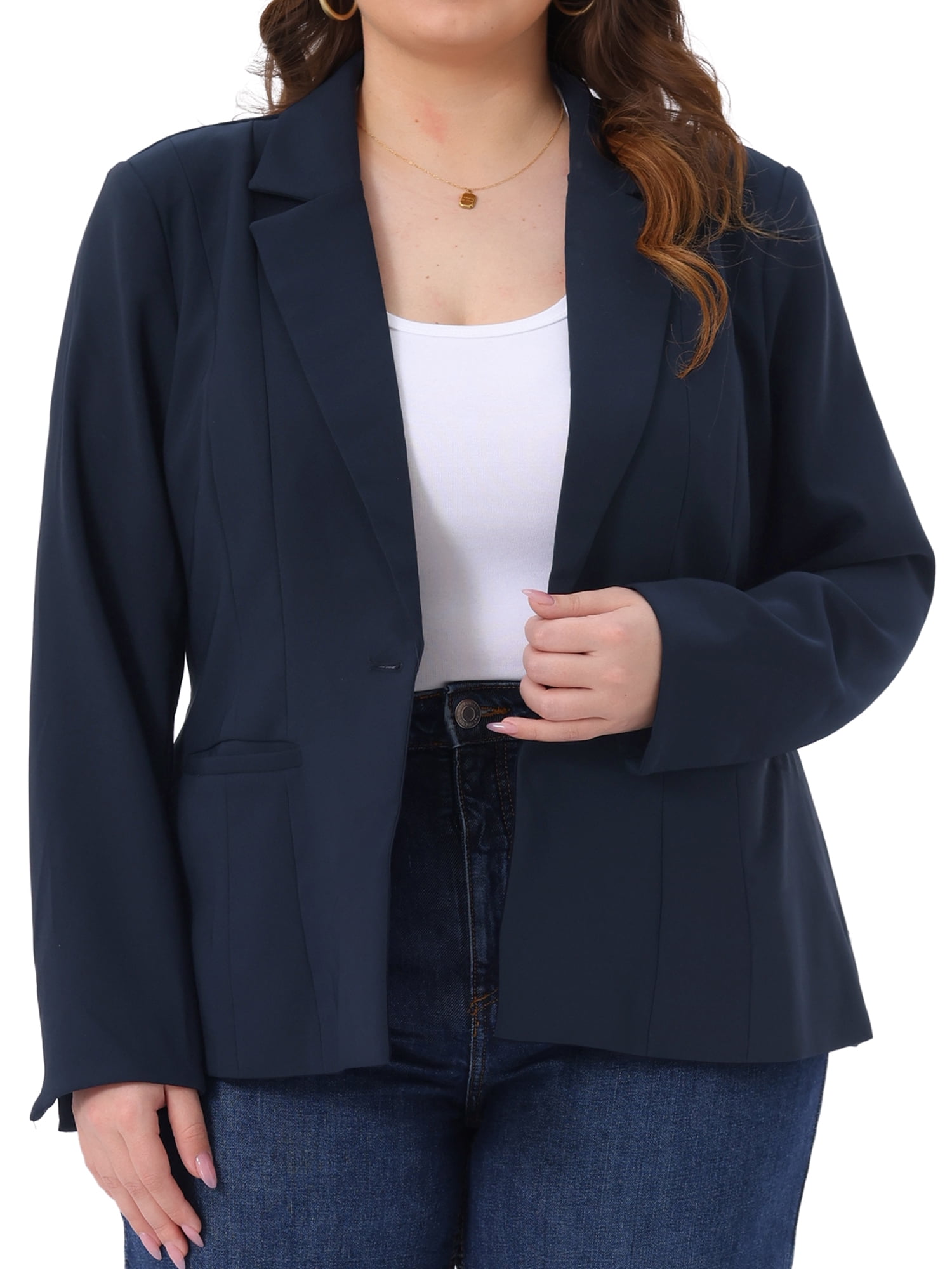 DARING DIVA Women's Plus Notched Lapel Long Sleeve Notched Lapel Business Blazer 3X Navy Blue