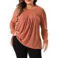 thumbnail image 1 of DARING DIVA Women's Plus Long Sleeve Pleated Crew Neck Blouse 1X Orange, 1 of 6
