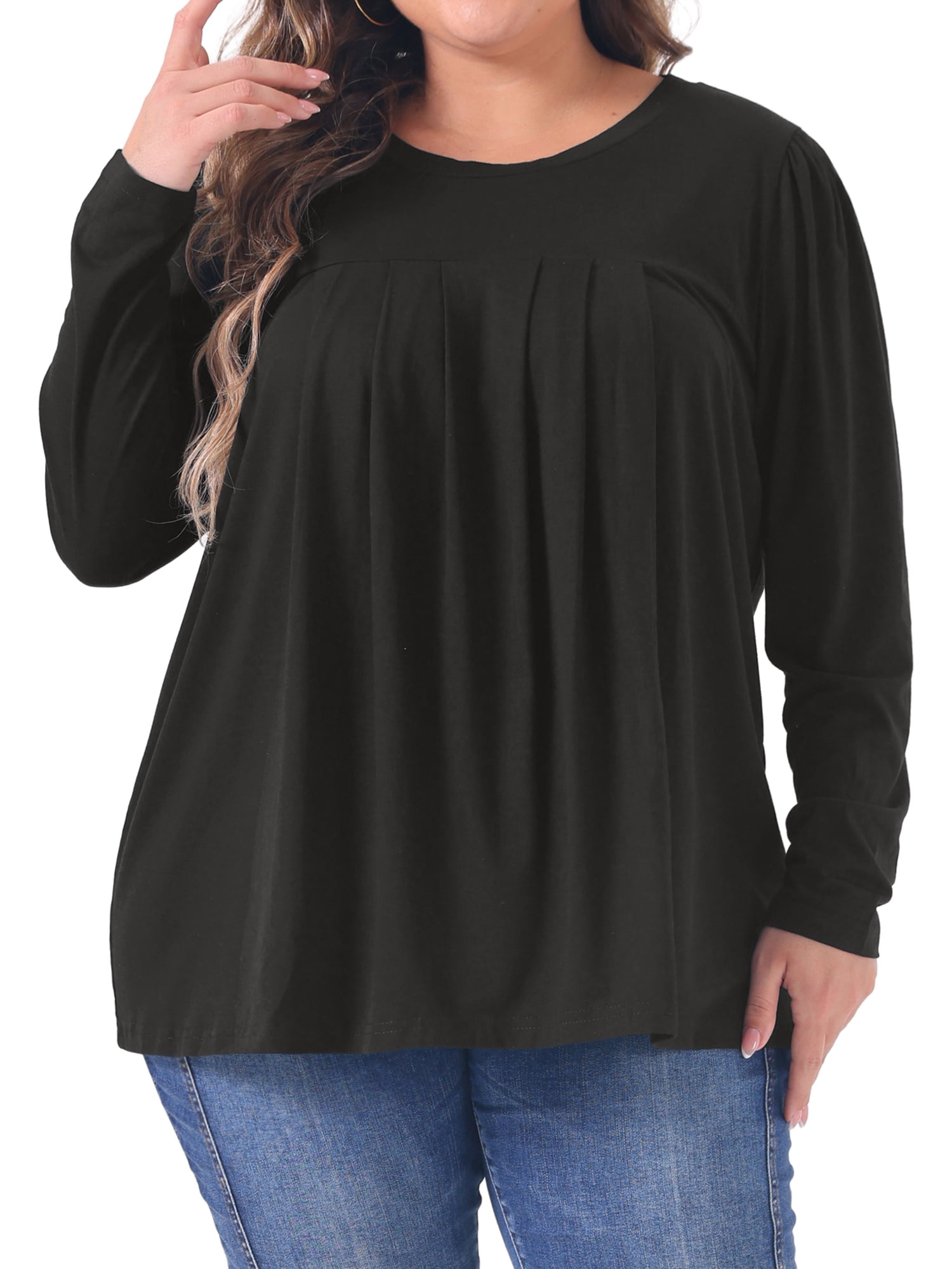 DARING DIVA Women's Plus Long Sleeve Pleated Crew Neck Blouse 2X Black