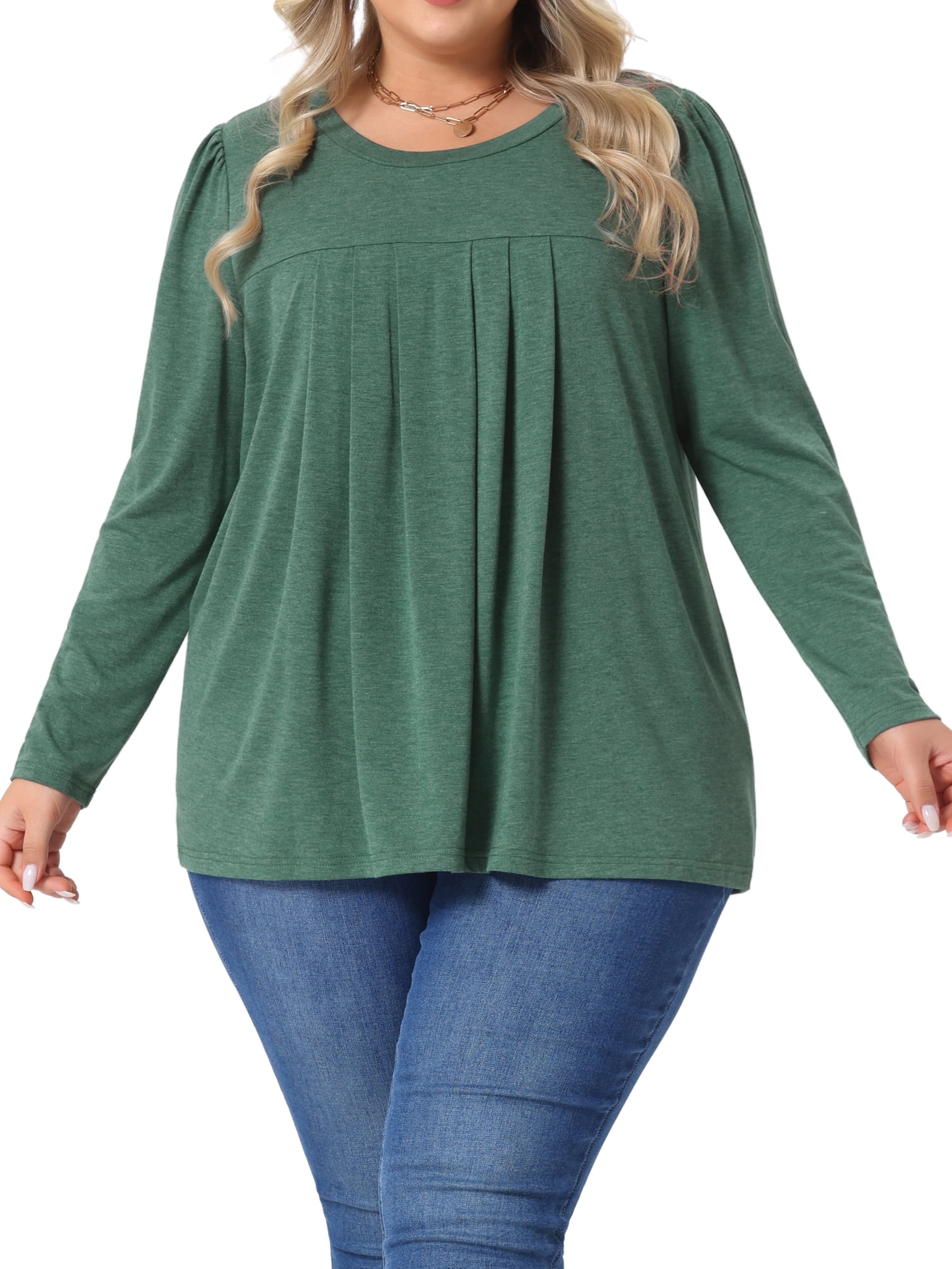 DARING DIVA Women's Plus Long Sleeve Pleated Crew Neck Blouse 2X Green