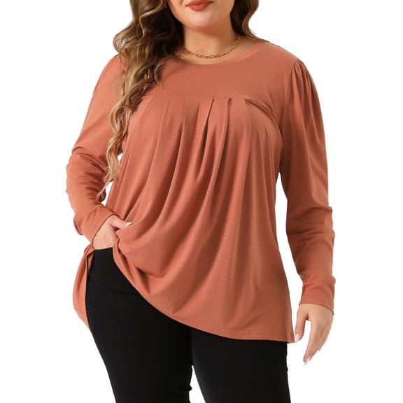 DARING DIVA Women's Plus Long Sleeve Pleated Crew Neck Blouse 3X Orange