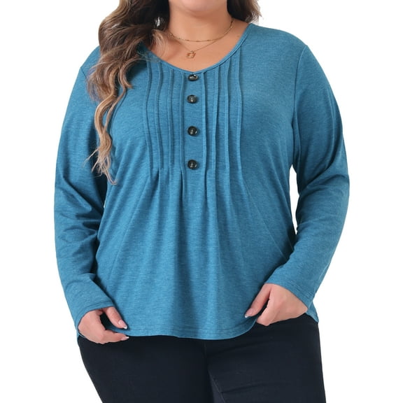 DARING DIVA Women's Plus Long Sleeve Pleated Front V Neck Button Blouse 3X Gray Blue