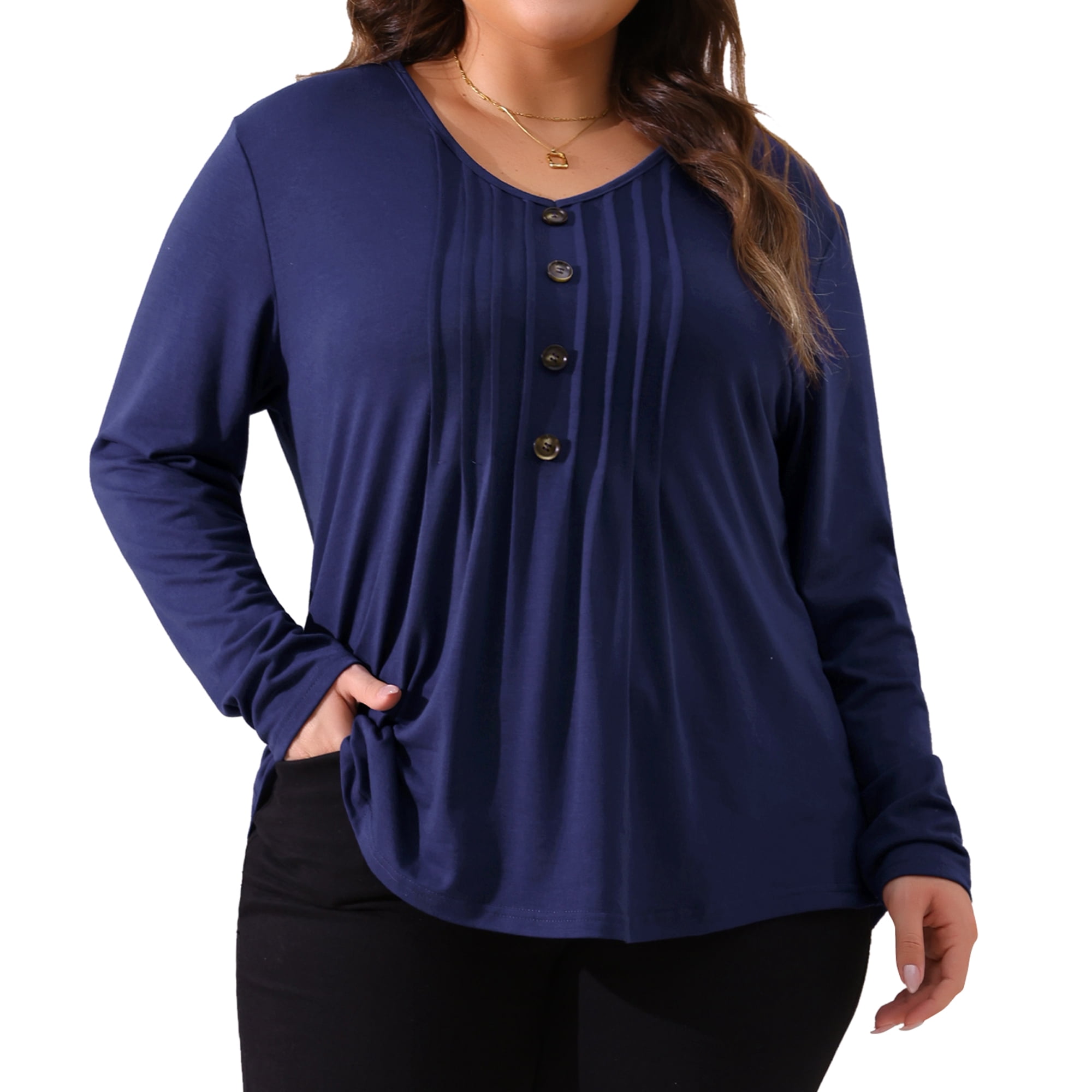 DARING DIVA Women's Plus Tops Pleated Front V Neck Button Blouses 3X Navy Blue