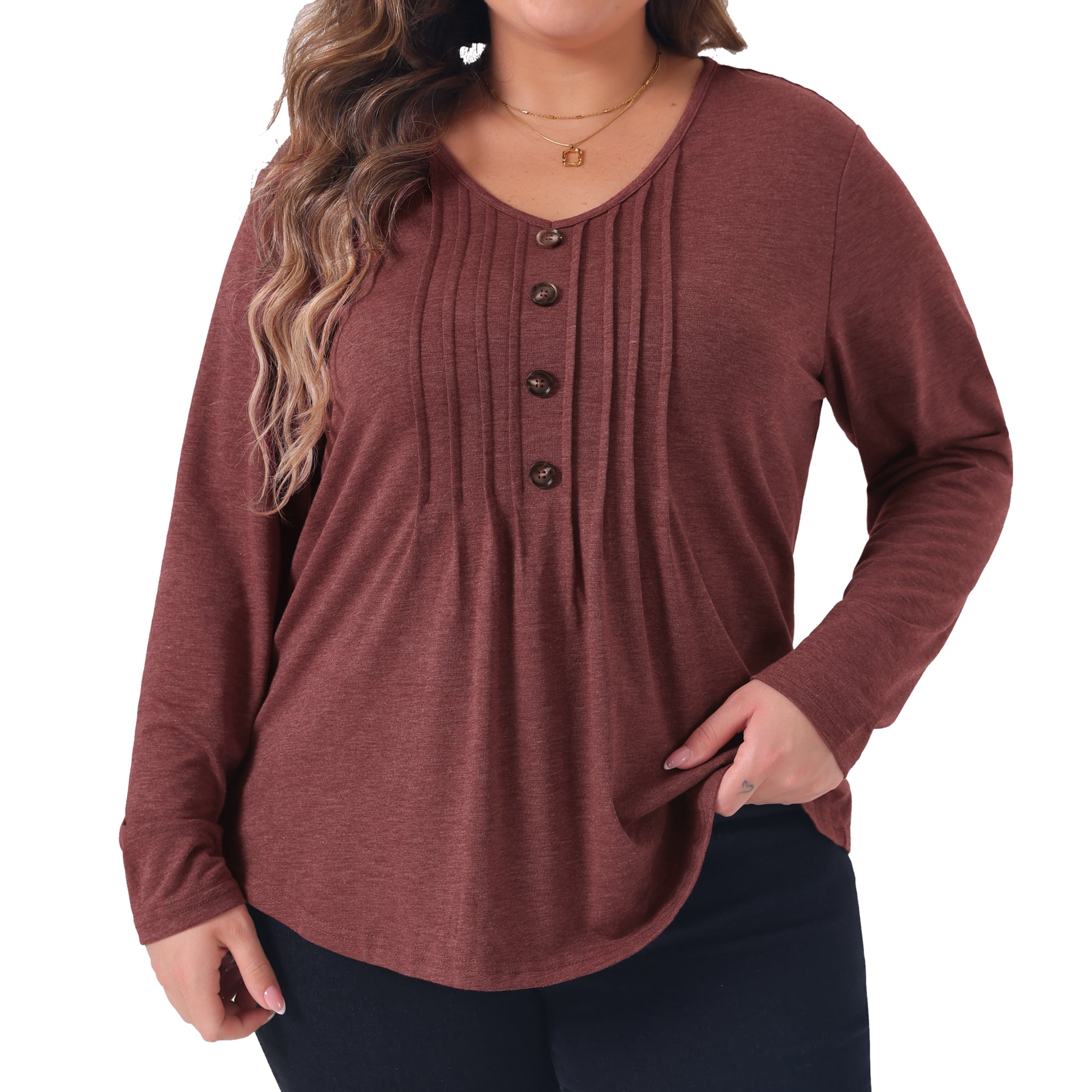 DARING DIVA Women's Plus Tops Pleated Front V Neck Button Blouses 4X Burgundy
