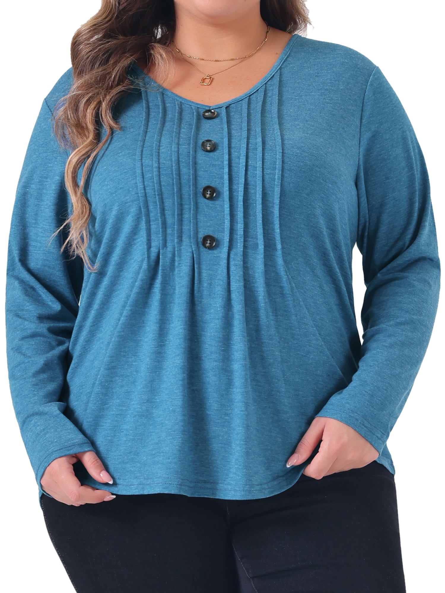 DARING DIVA Women's Plus Tops Pleated Front V Neck Button Blouses 4X Gray Blue