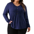 thumbnail image 1 of DARING DIVA Women's Plus Tops Pleated Front V Neck Button Blouses 4X Navy Blue, 1 of 6