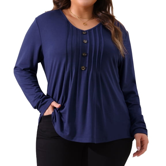 DARING DIVA Women's Plus Long Sleeve Pleated Front V Neck Button Blouse 4X Navy Blue