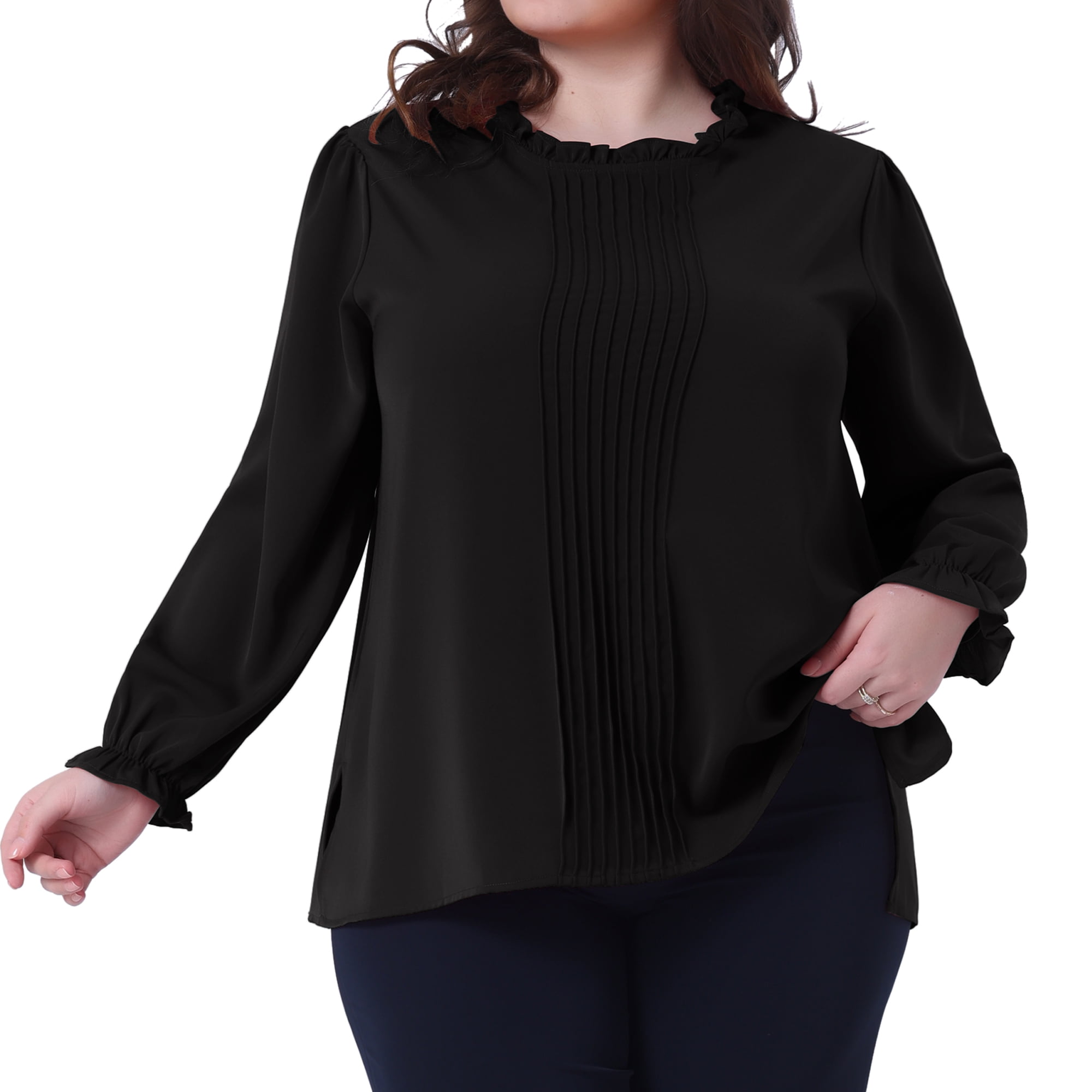 DARING DIVA Women's Plus Long Sleeve Ruffle Crew Neck Casual Blouse 4X Black
