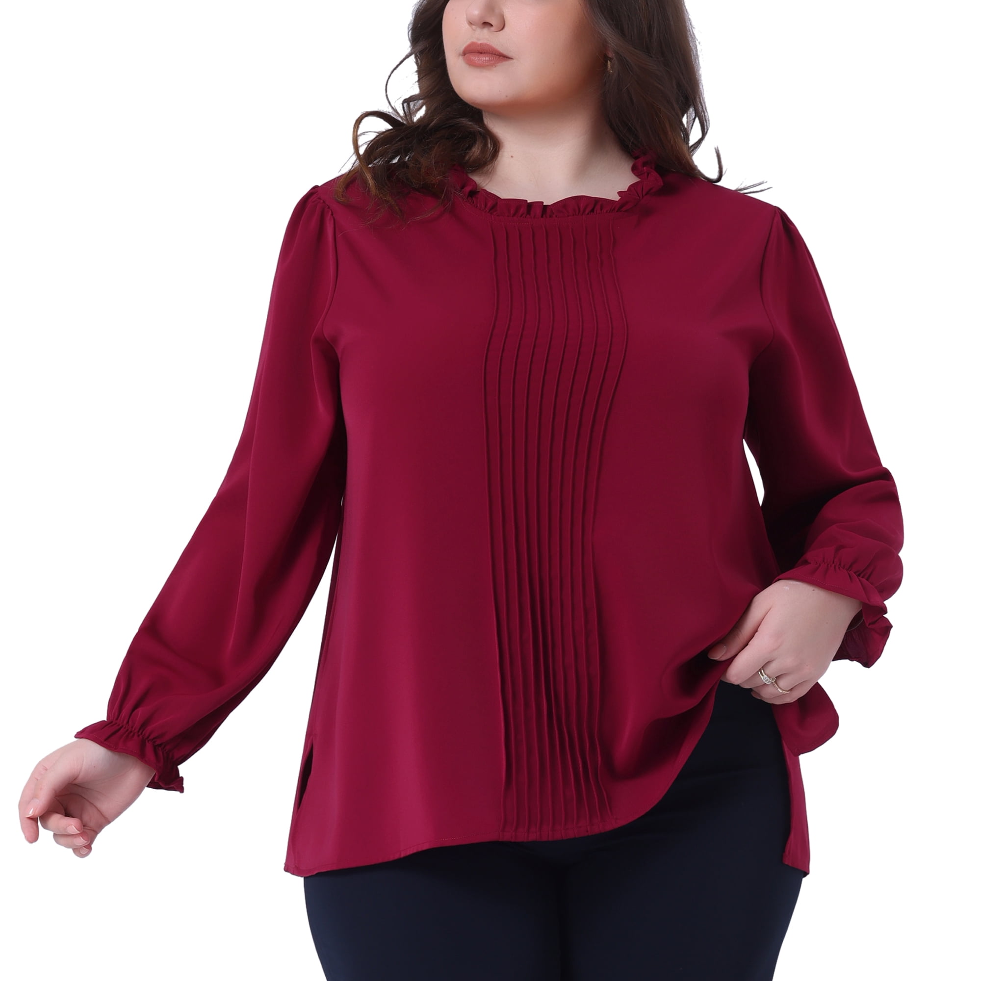 DARING DIVA Women's Plus Long Sleeve Ruffle Crew Neck Casual Blouse 4X Burgundy