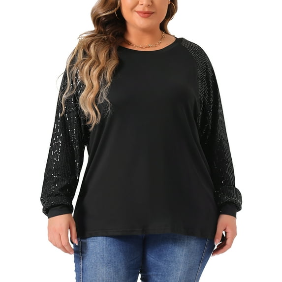 DARING DIVA Women's Plus Long Sleeve Shimmer Glitter Blouse 1X Black