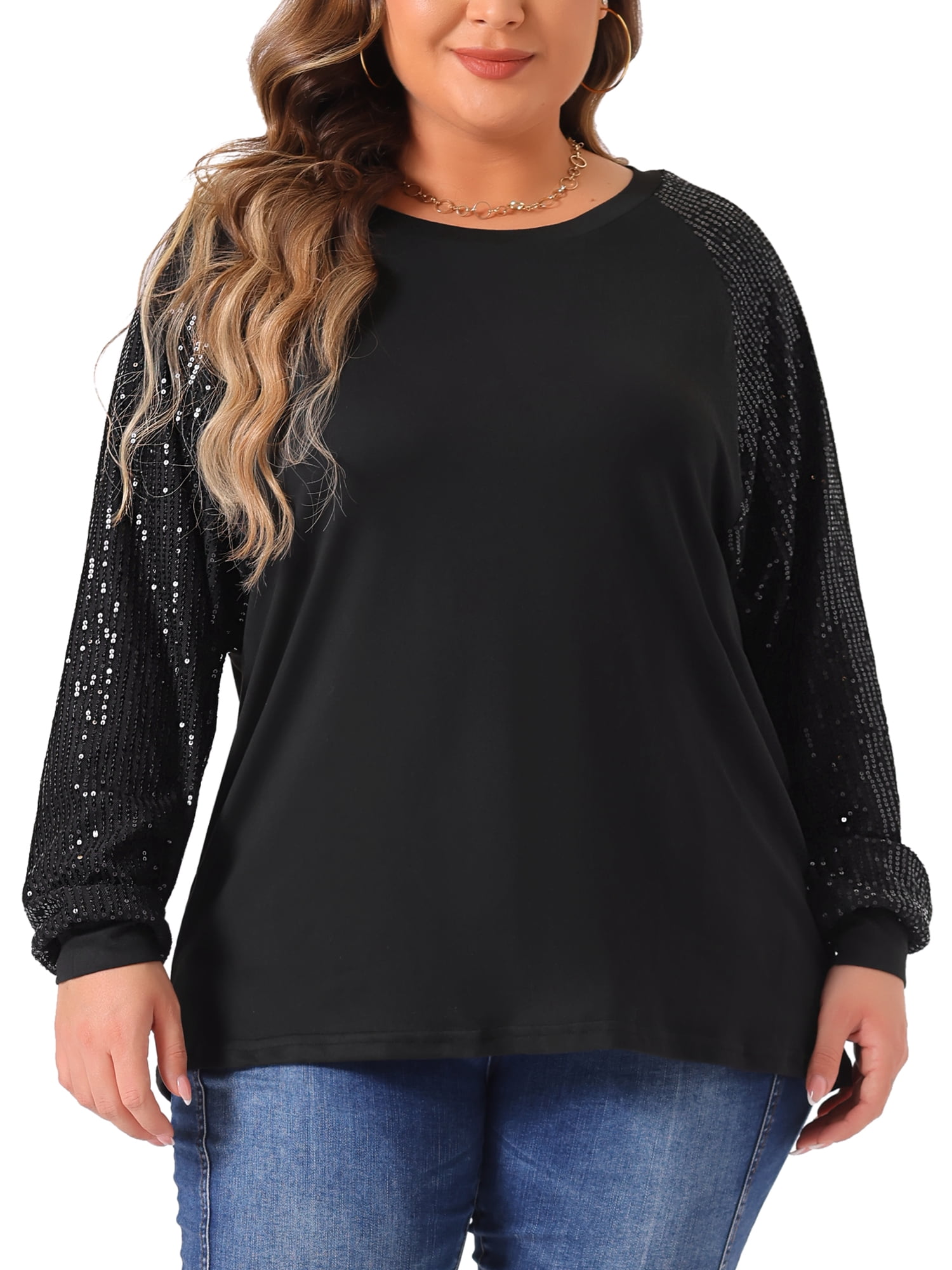 DARING DIVA Women's Plus Long Sleeve Shimmer Glitter Blouse 3X Black