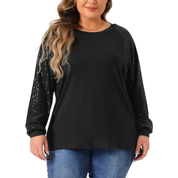 DARING DIVA Women's Plus Long Sleeve Shimmer Glitter Blouse 4X Black
