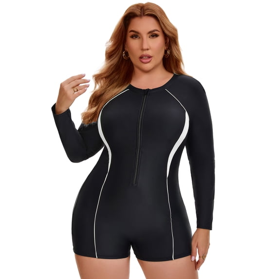 DARING DIVA Women's Plus Long Sleeve Surfing Bathing 1 Suit 1X Black White