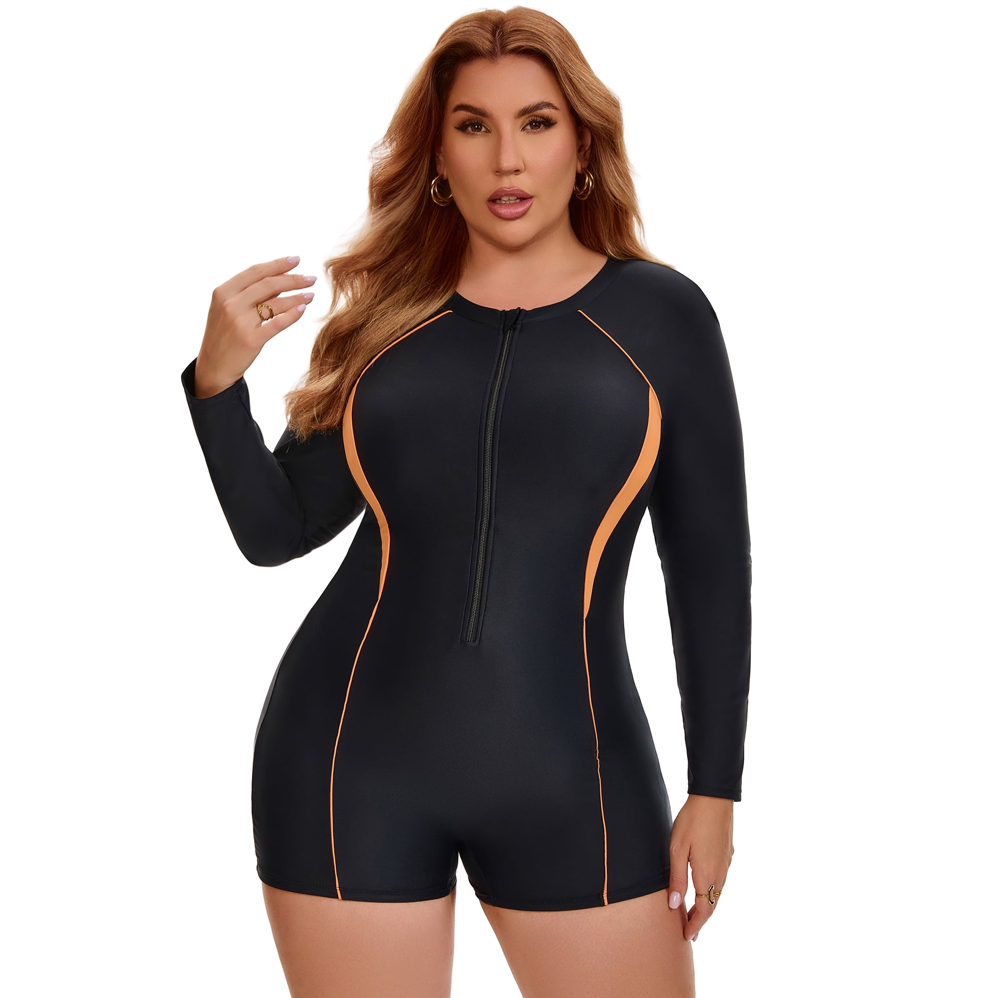 DARING DIVA Women's Plus Long Sleeve Surfing Bathing 1 Suit 2X Black Orange