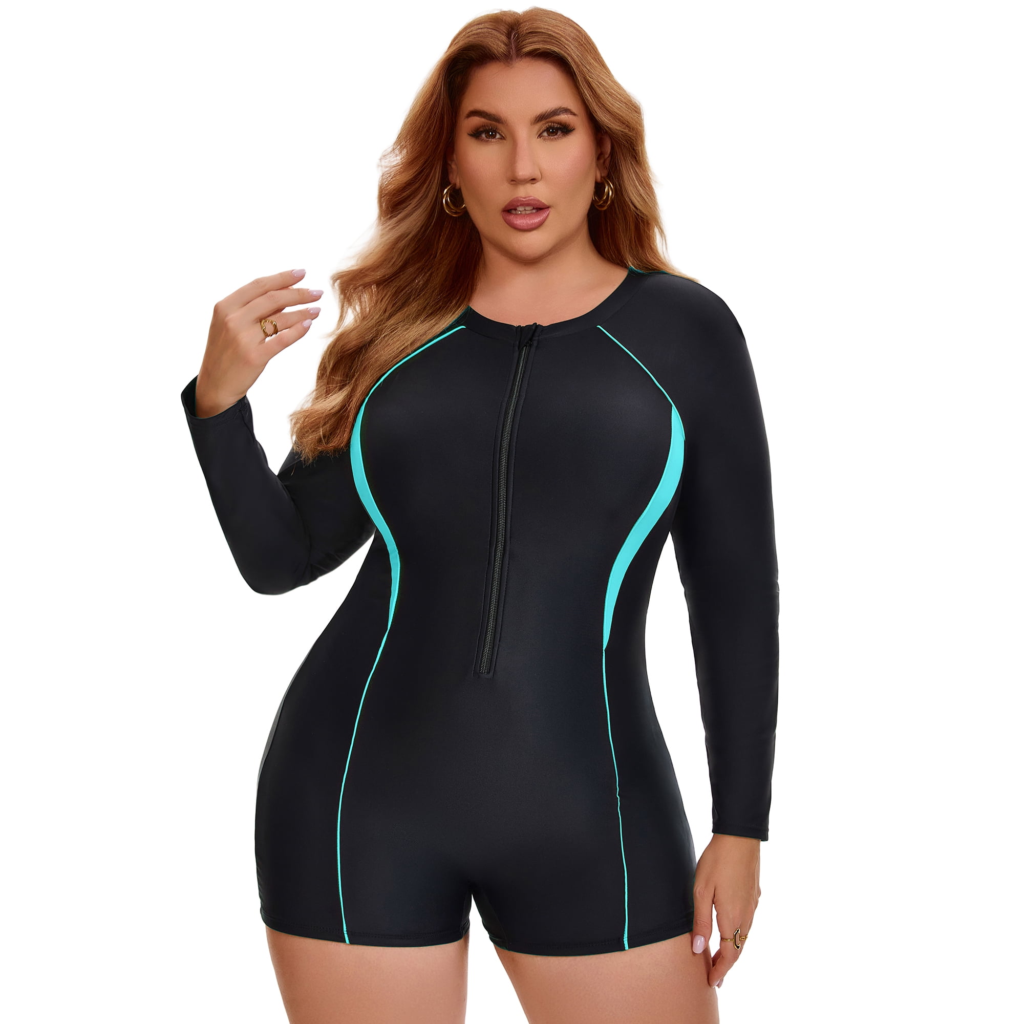 DARING DIVA Women's Plus Long Sleeve Surfing Bathing 1 Suit L Black Turquoise
