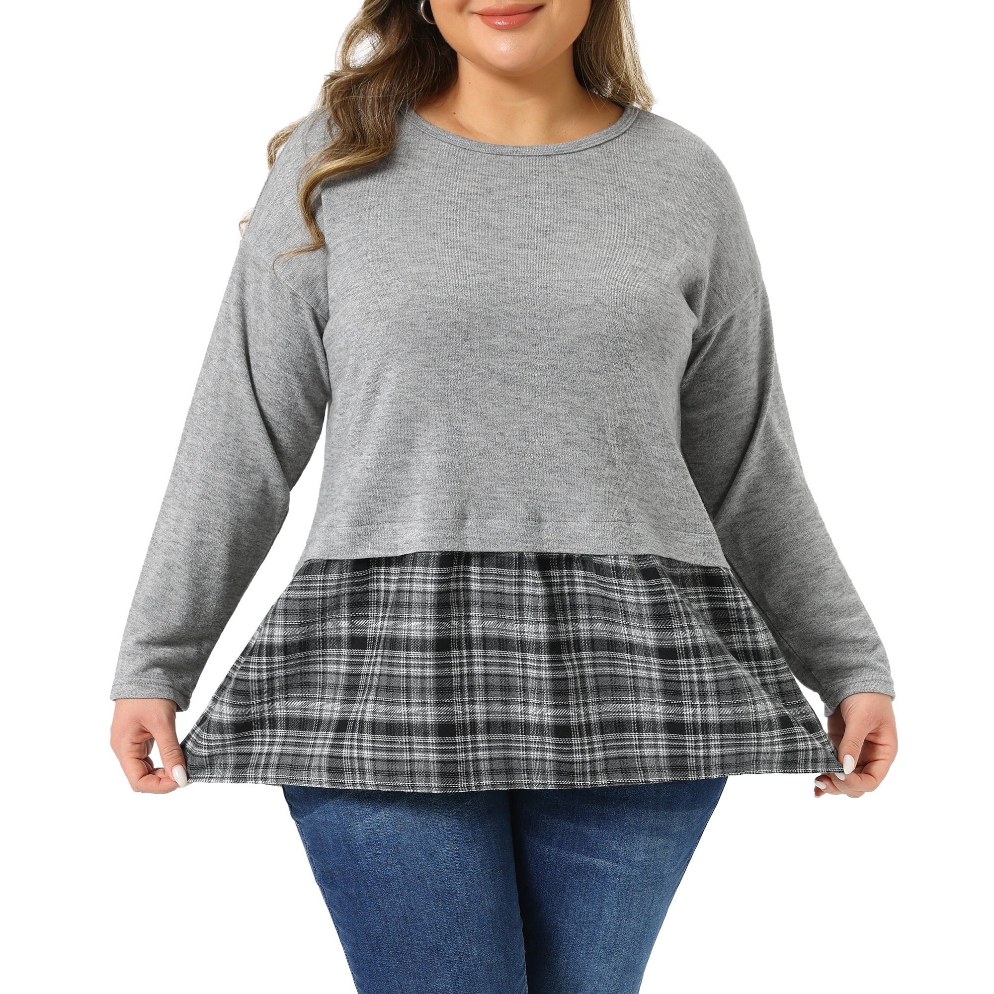 DARING DIVA Women's Plus Long Sleeve T Shirt Tops Patchwork Blouse 1X Grey