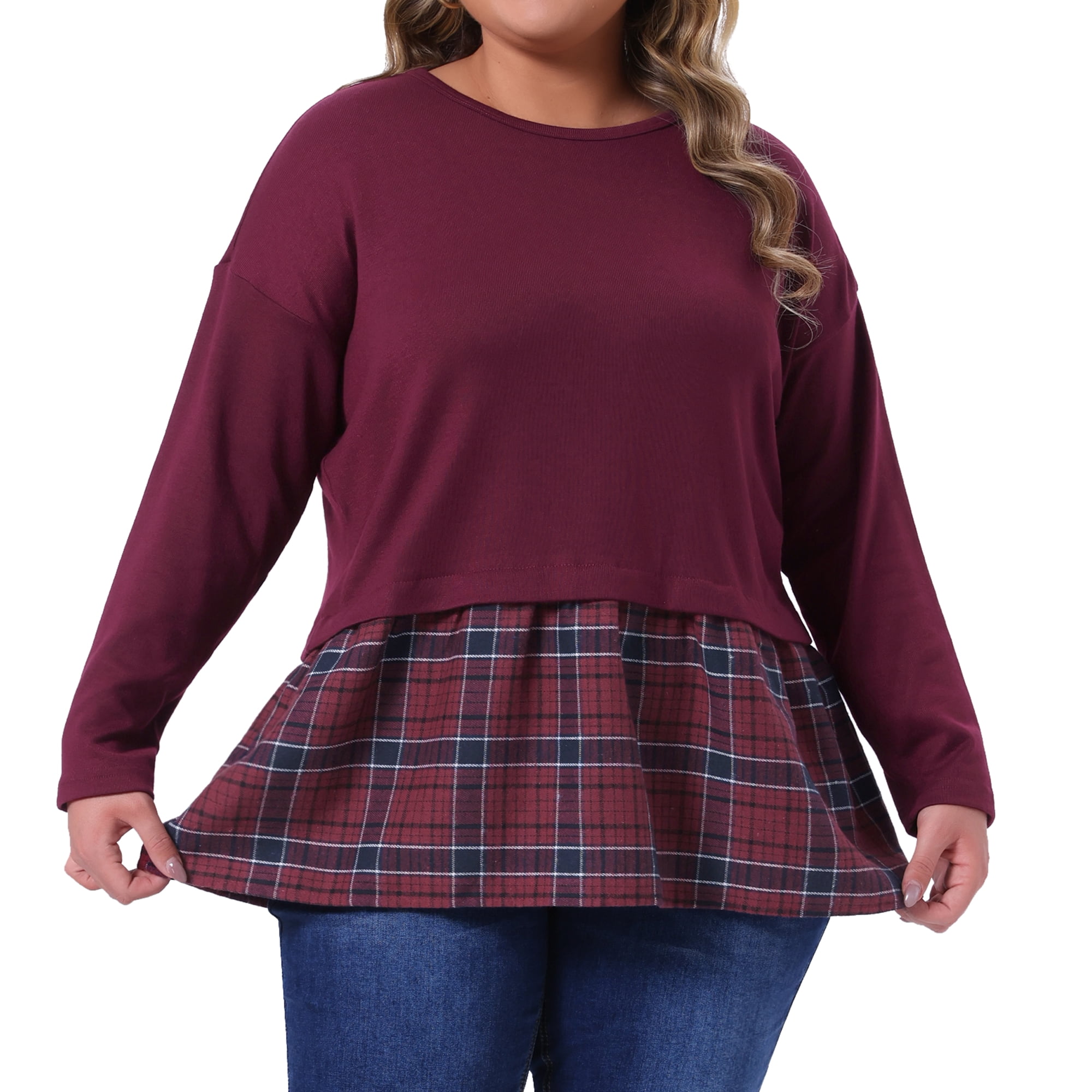 DARING DIVA Women's Plus Long Sleeve T Shirt Tops Patchwork Blouse 2X Burgundy