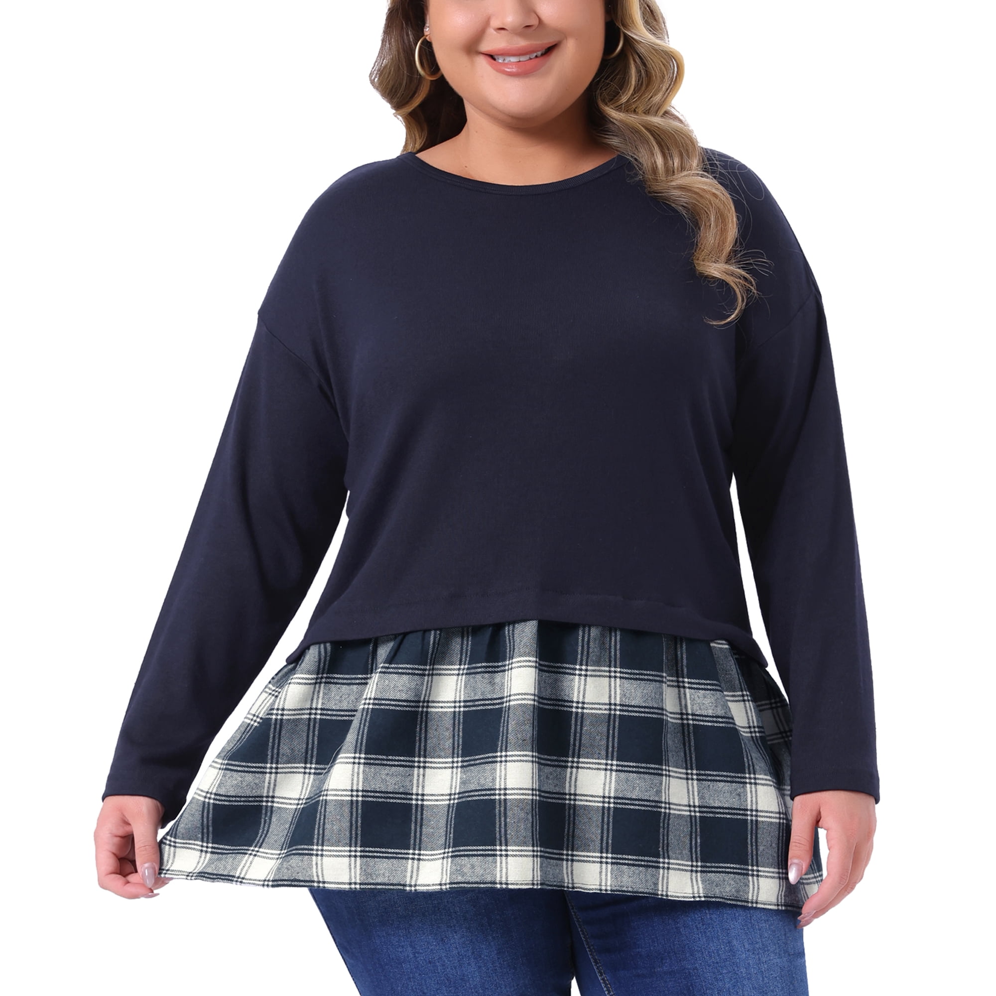 DARING DIVA Women's Plus Long Sleeve T Shirt Tops Patchwork Blouse 3X Navy Blue