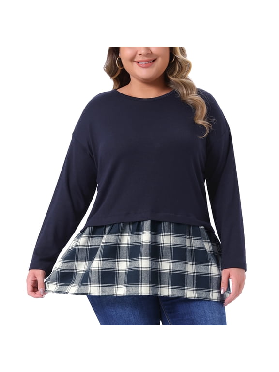 Women's Plus Long Sleeve T Shirt Tops Patchwork Blouse 4X Navy Blue