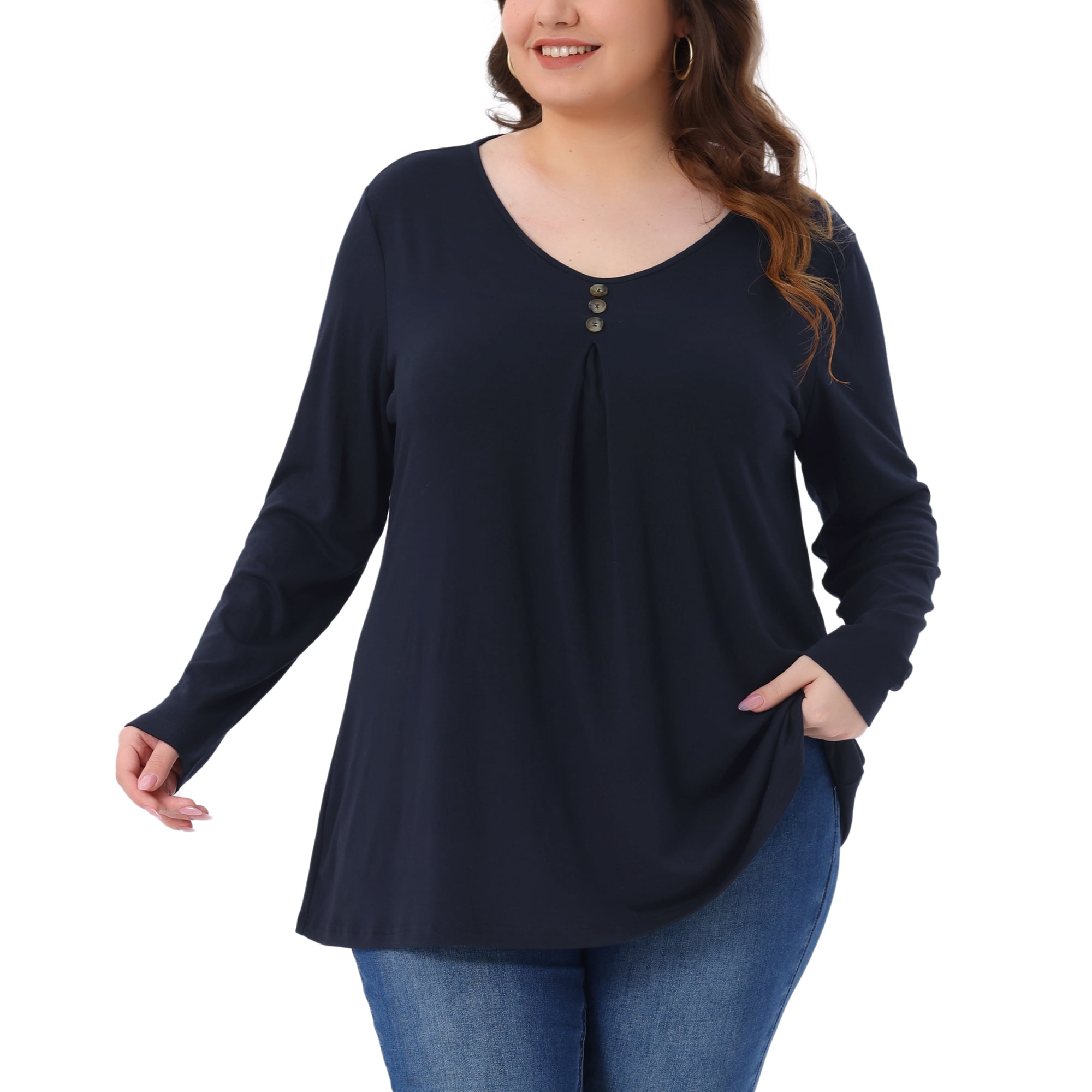 DARING DIVA Women's Plus Long Sleeve V Neck Button Loose Top 2X Dark Blue