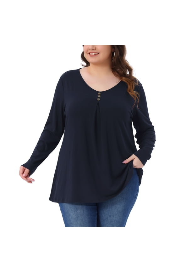 Women's Plus Long Sleeve V Neck Button Loose Top 2X Dark Blue