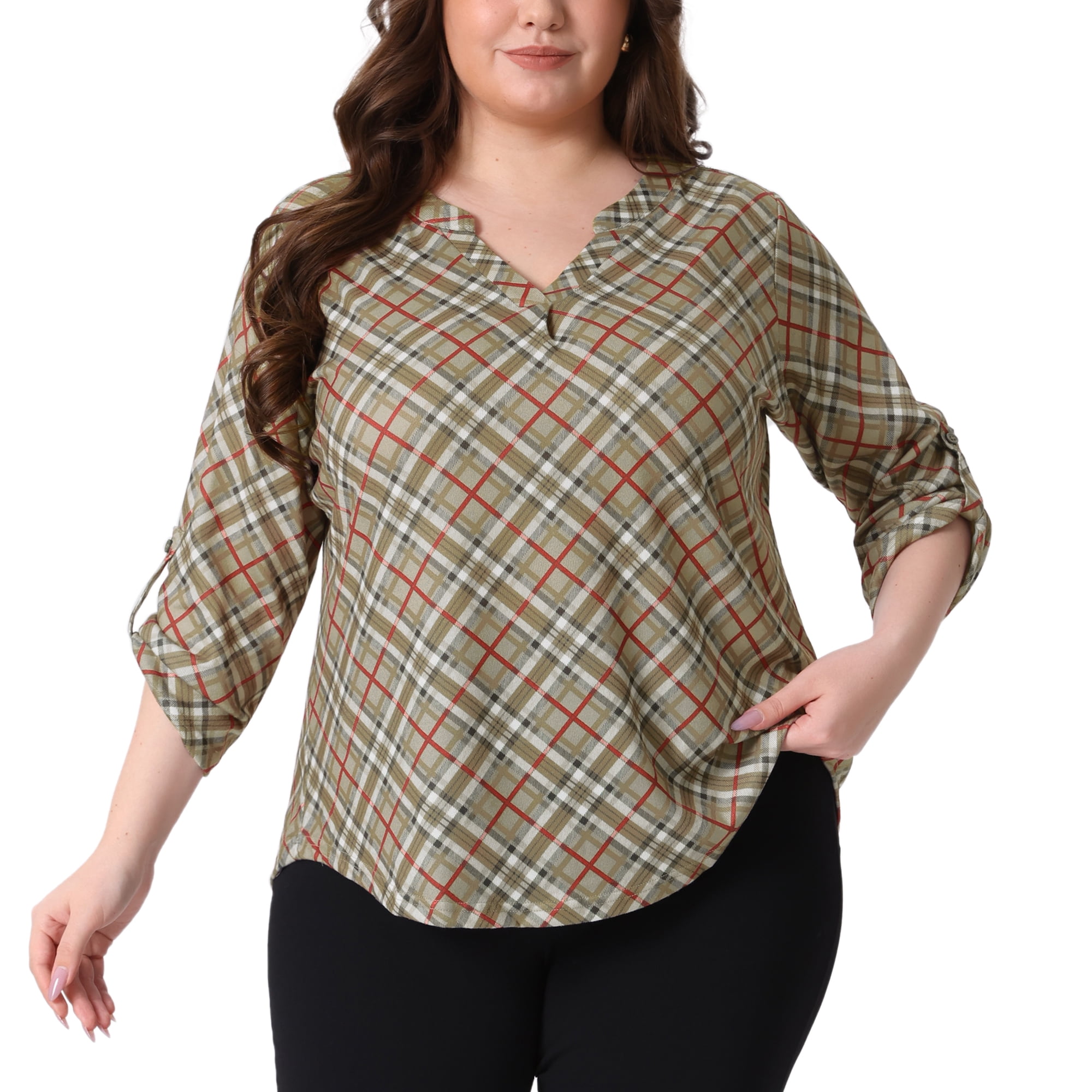 DARING DIVA Women's Plus Long Sleeve V Neck Casual Plaid Blouse 4X Khaki