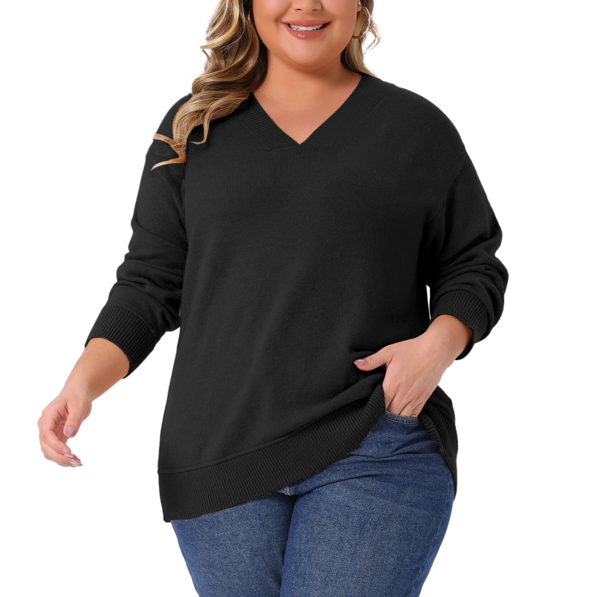 DARING DIVA Women's Plus Long Sleeve V Neck Knit Pullover Sweater 3X Brown