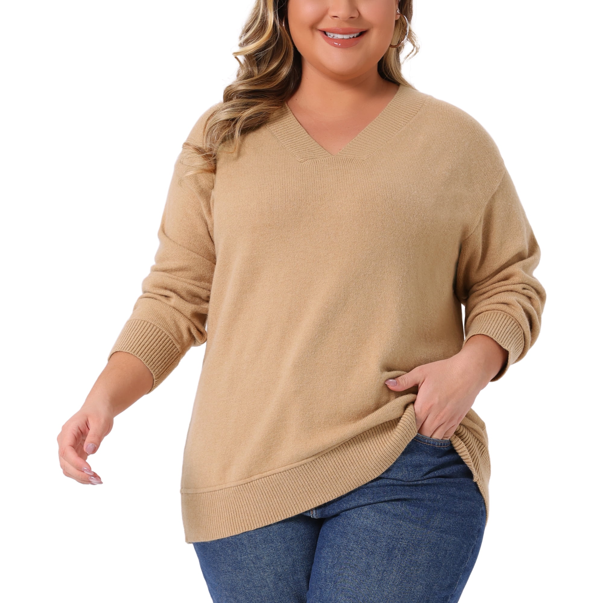 DARING DIVA Women's Plus Long Sleeve V Neck Knit Pullover Sweater 4X Khaki