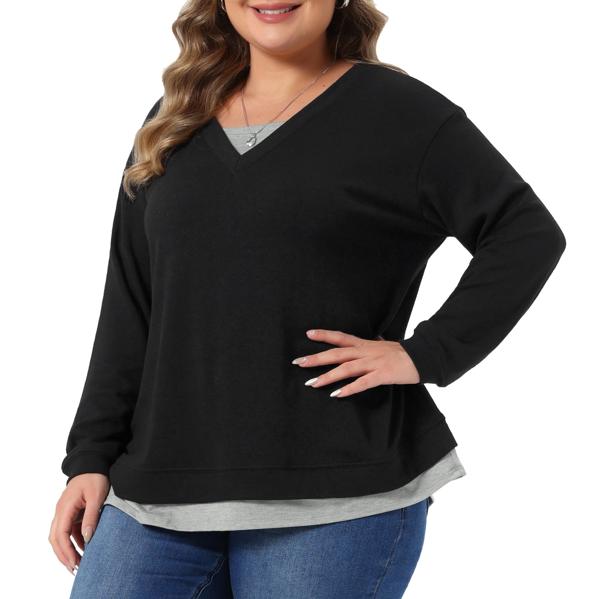 DARING DIVA Women's Plus Long Sleeve V Neck Sweaters Pullover 3X Black