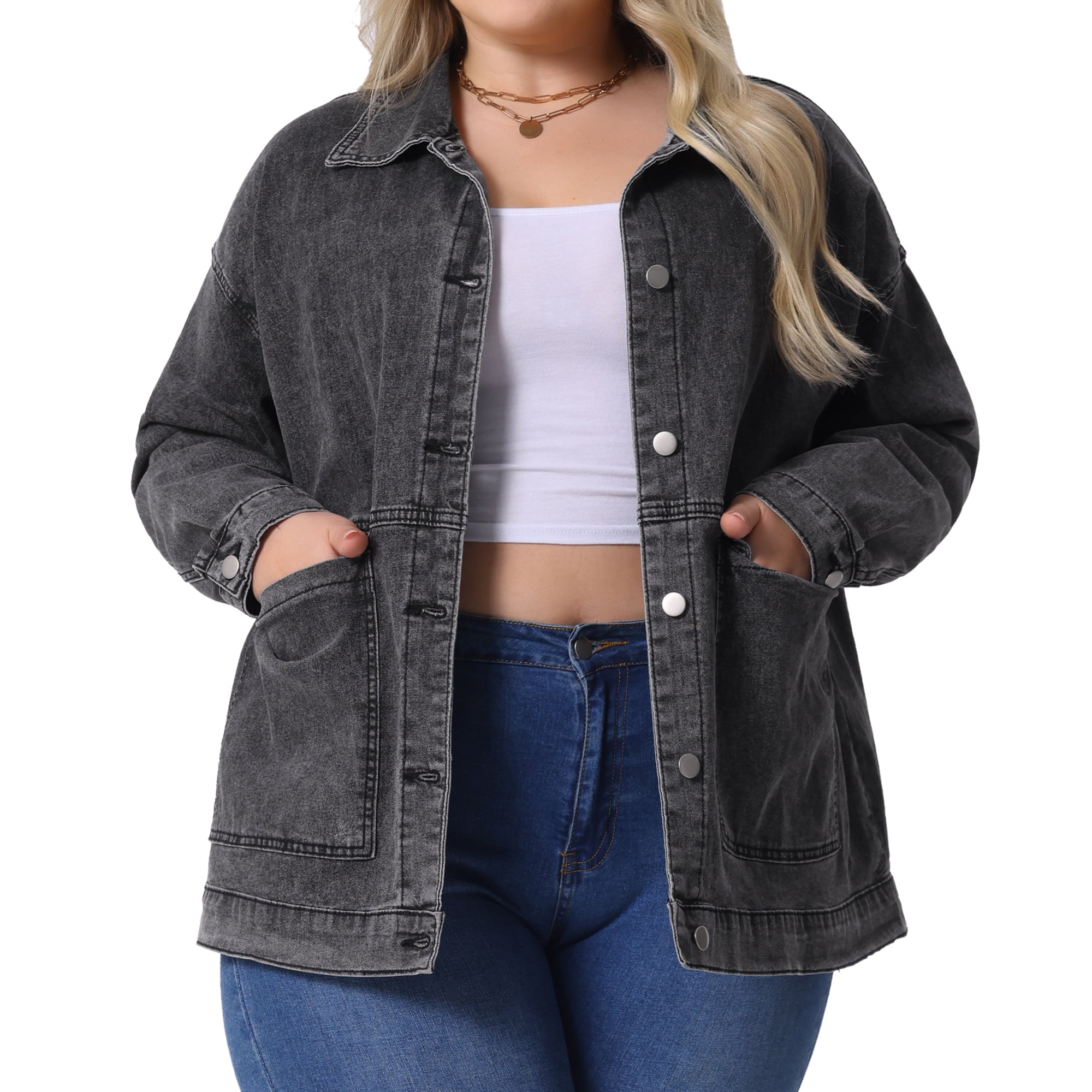 DARING DIVA Women's Plus Long Sleeve Vintage Denim Jacket 2X Dark Gray