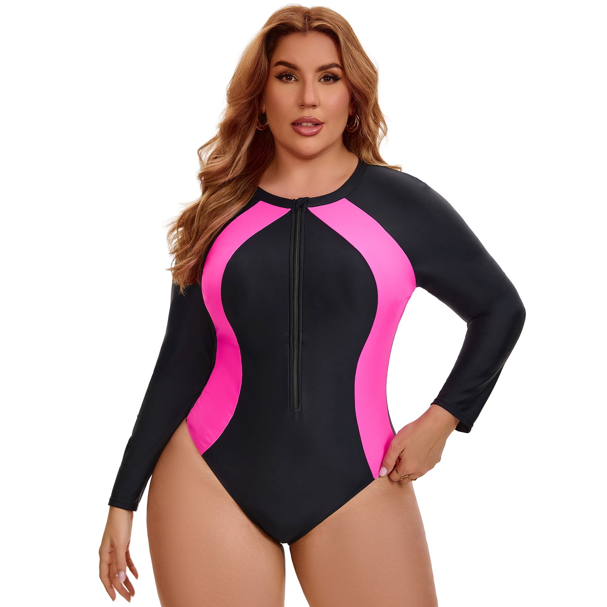 DARING DIVA Women's Plus Long Sleeve Zip Front Beach Swimsuit 2X Black Fuchsia