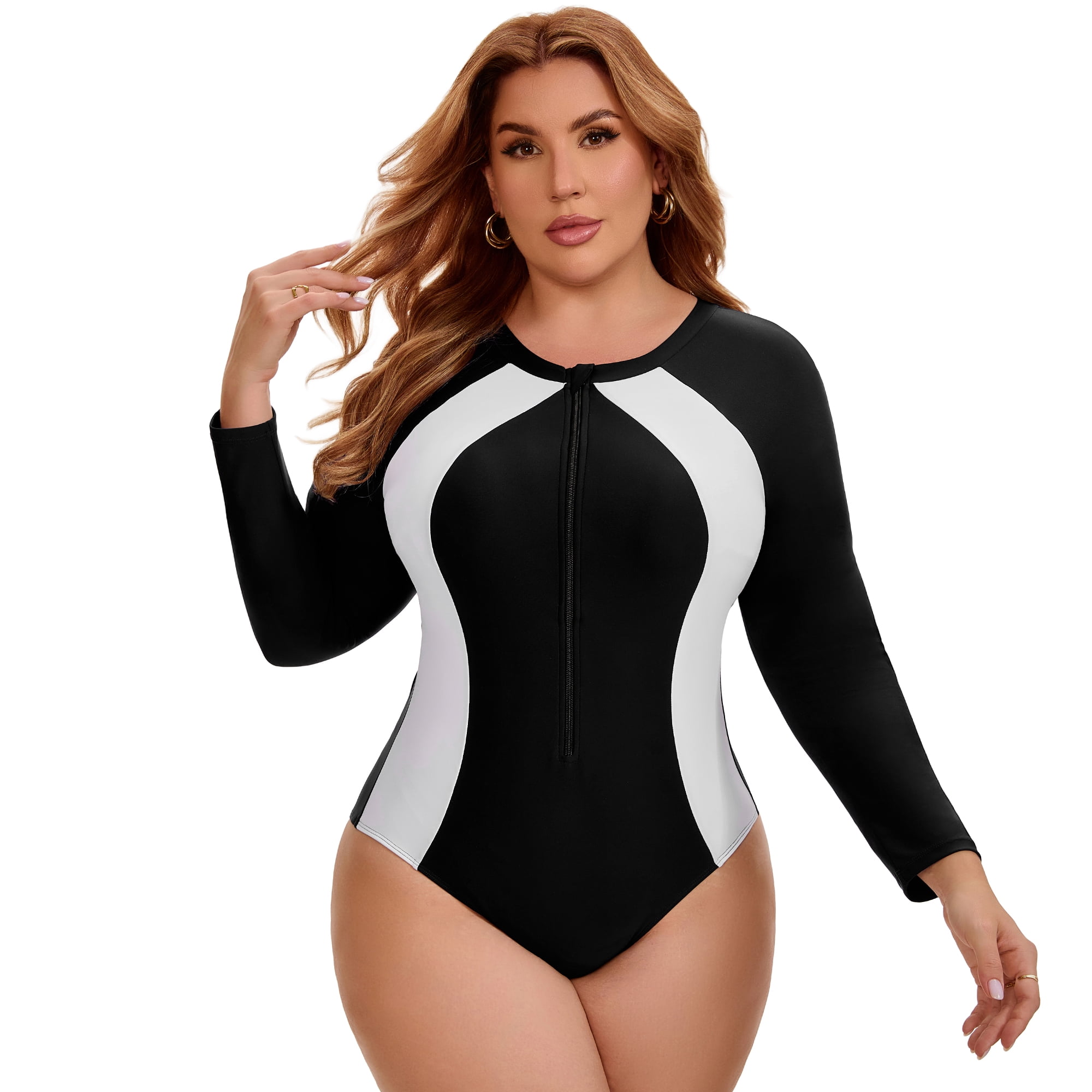 DARING DIVA Women's Plus Long Sleeve Zip Front Beach Swimsuit 4X Black White