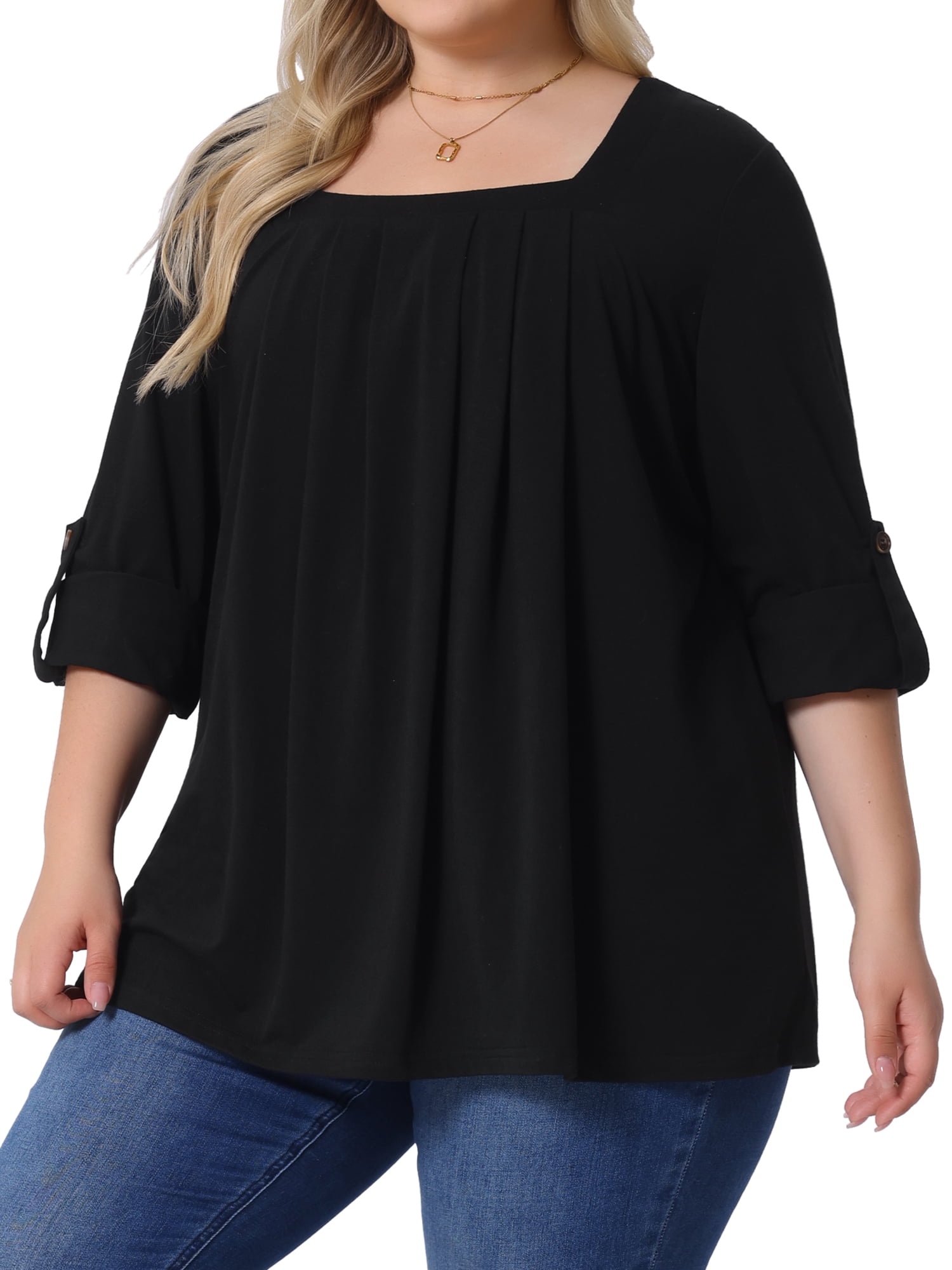 DARING DIVA Women's Plus Long Sleeves Square Neck Flowy Pleated Top 1X Black