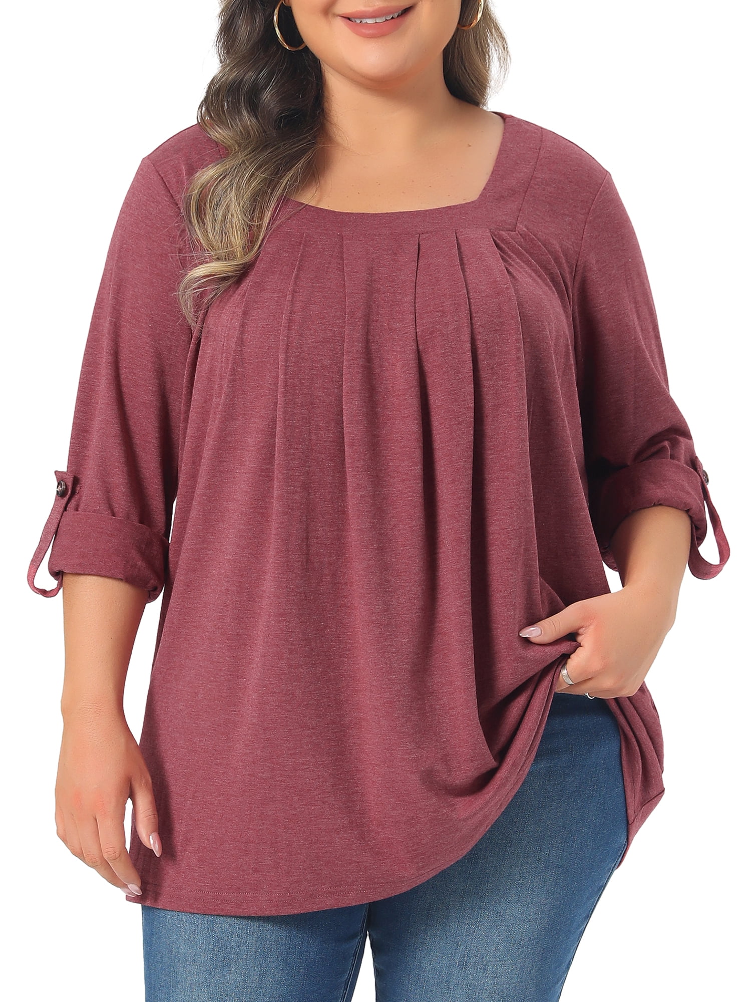DARING DIVA Women's Plus Long Sleeves Square Neck Flowy Pleated Top 1X Burgundy