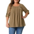 thumbnail image 1 of DARING DIVA Women's Plus Long Sleeves Square Neck Flowy Pleated Top 3X Brown, 1 of 6