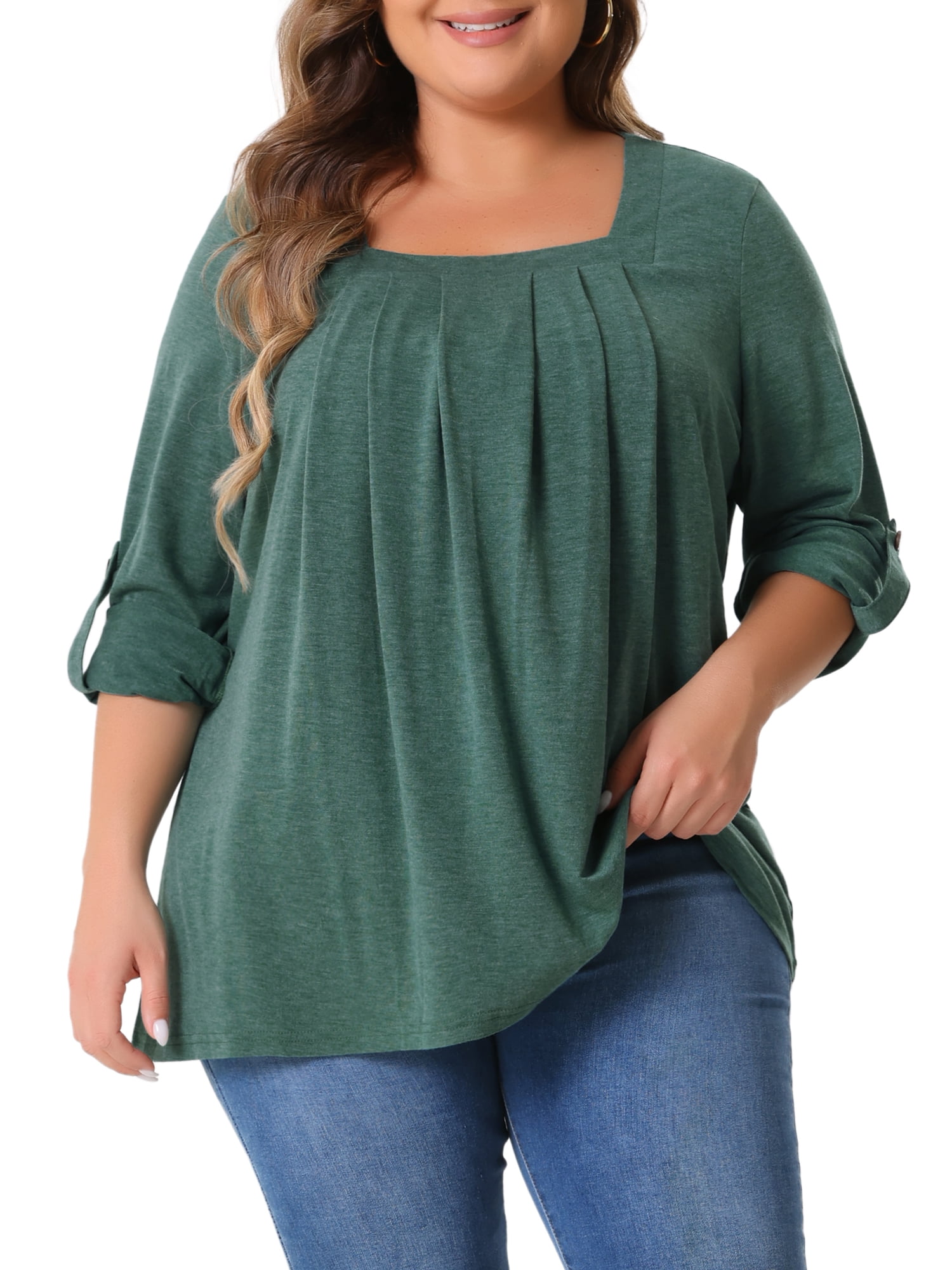 DARING DIVA Women's Plus Long Sleeves Square Neck Flowy Pleated Top 3X Green