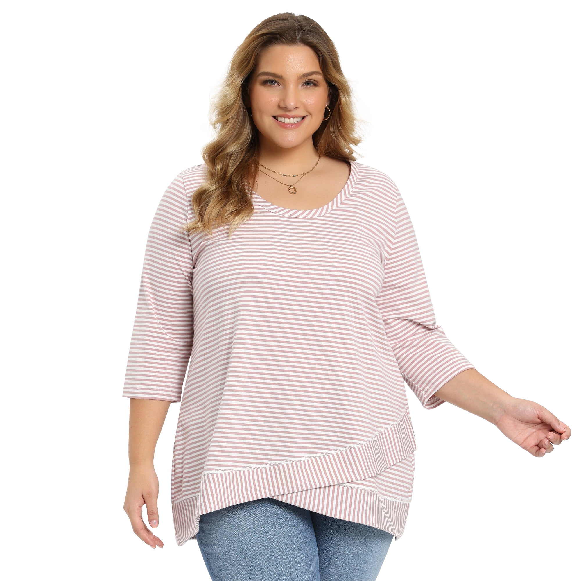 Women's Plus 3/4 Sleeve Striped Loose Casual Tunic Top Scoop Neck High Low Hem Blouse 1X Pink