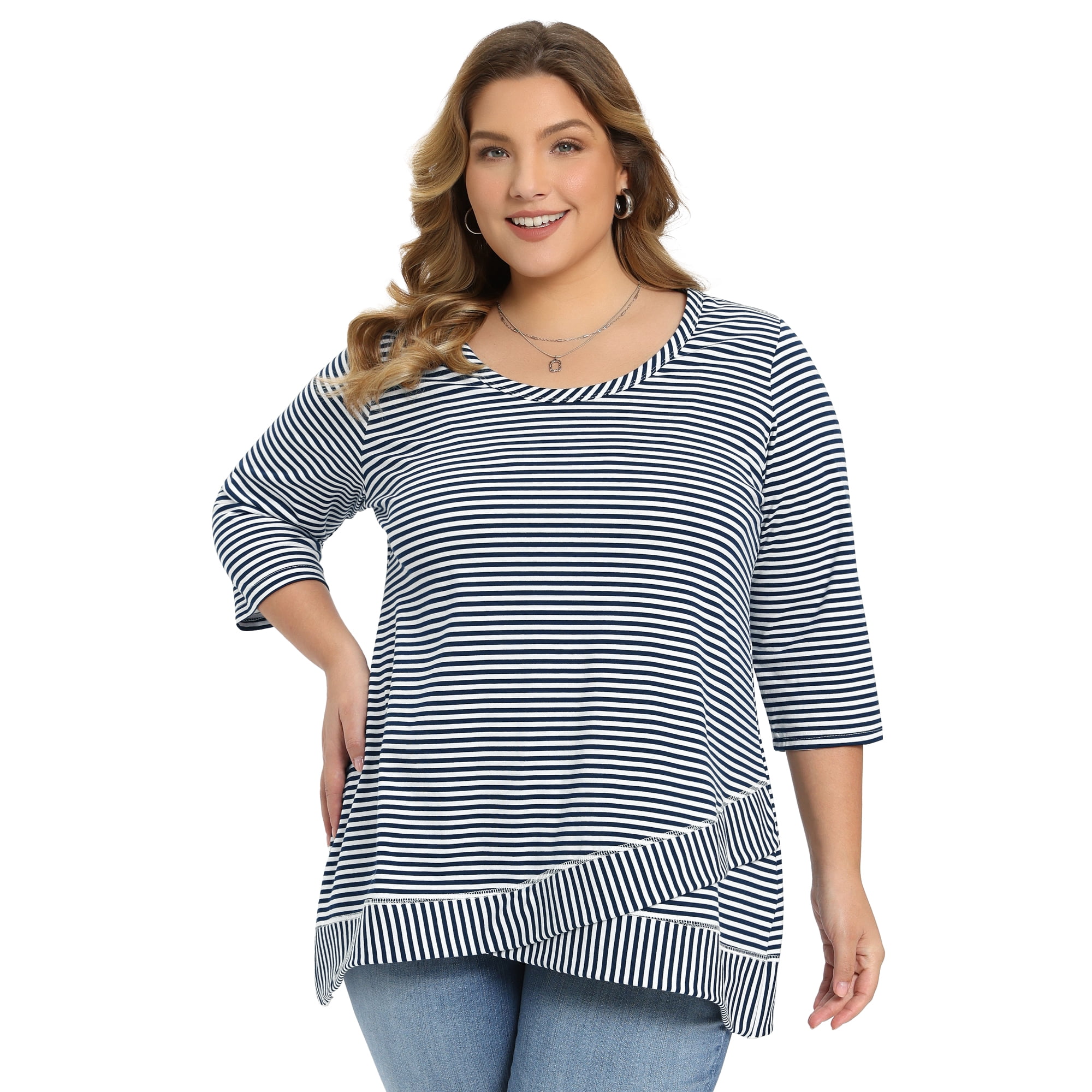 Women's Plus 3/4 Sleeve Striped Loose Casual Tunic Top Scoop Neck High Low Hem Blouse 4X Navy Blue