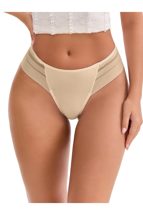 Women's Plus Low Rise Ice Silk Lace Thong Seamless Underwear M Apricot