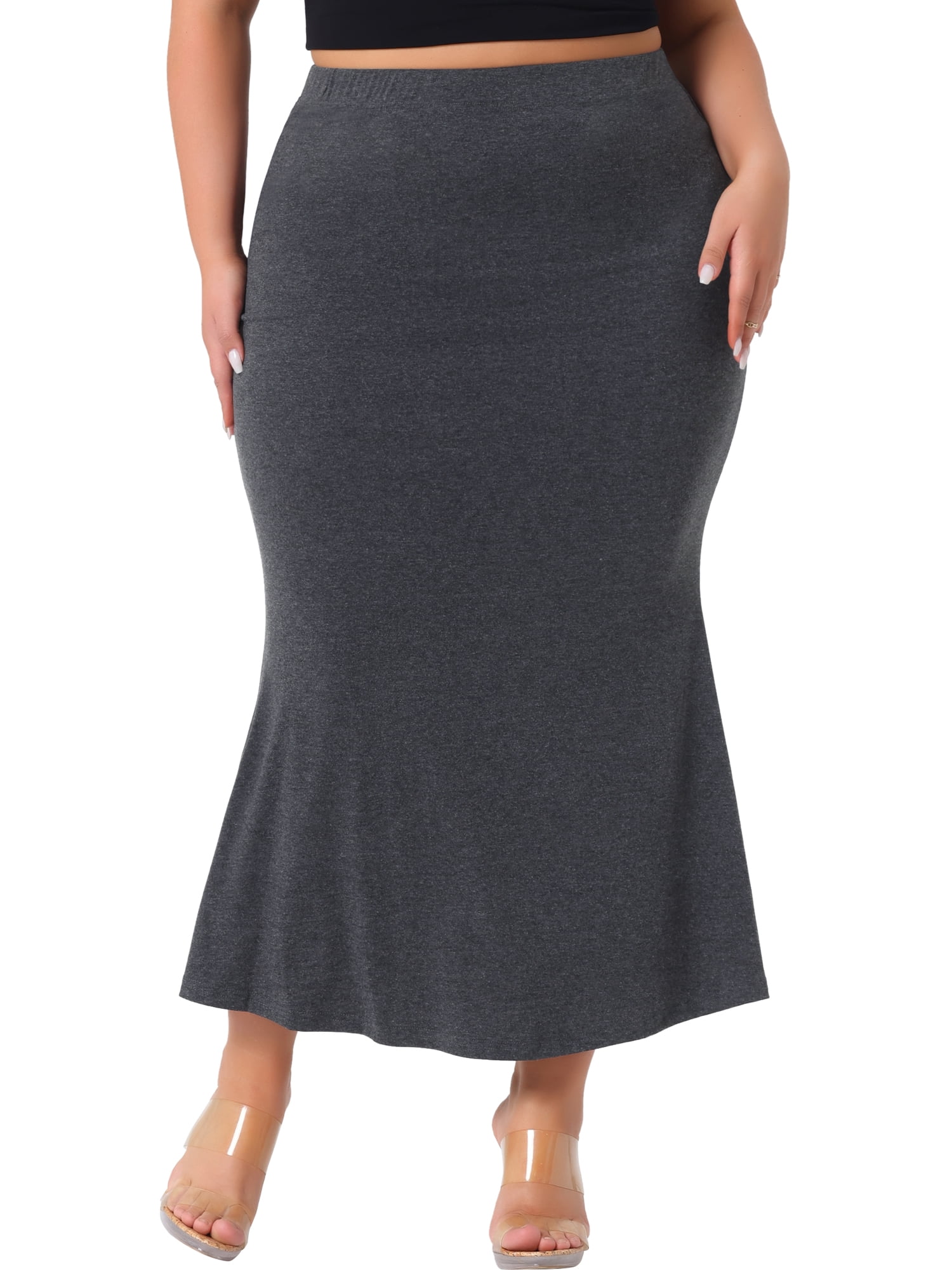 DARING DIVA Women's Plus Mermaid High Waist Knit Bodycon Long Skirts 1X Gray