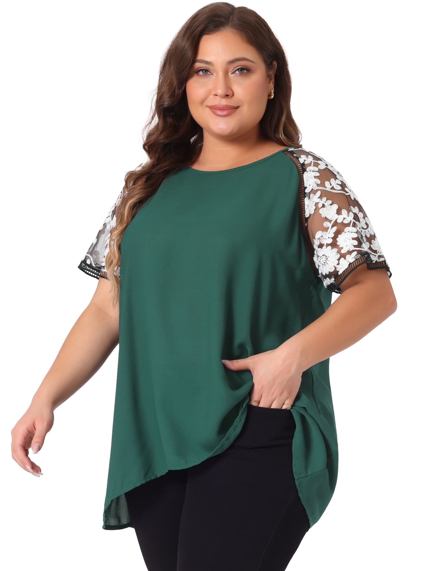 DARING DIVA Women's Plus Mesh Panel Crochet Raglan Sleeves Blouse 3X Dark Green
