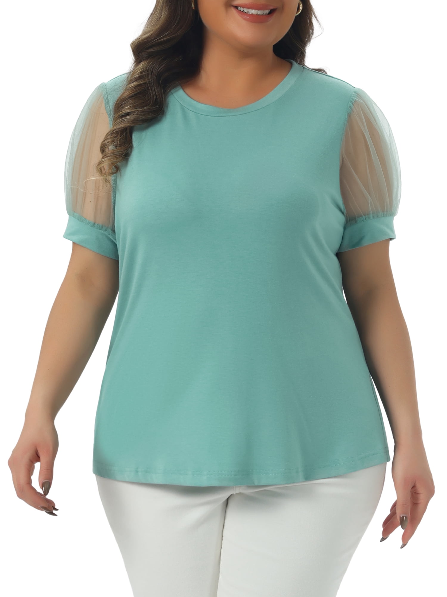 DARING DIVA Women's Plus Casual Crew Neck Mesh T Shirt Blouse Tops 4X Light Green