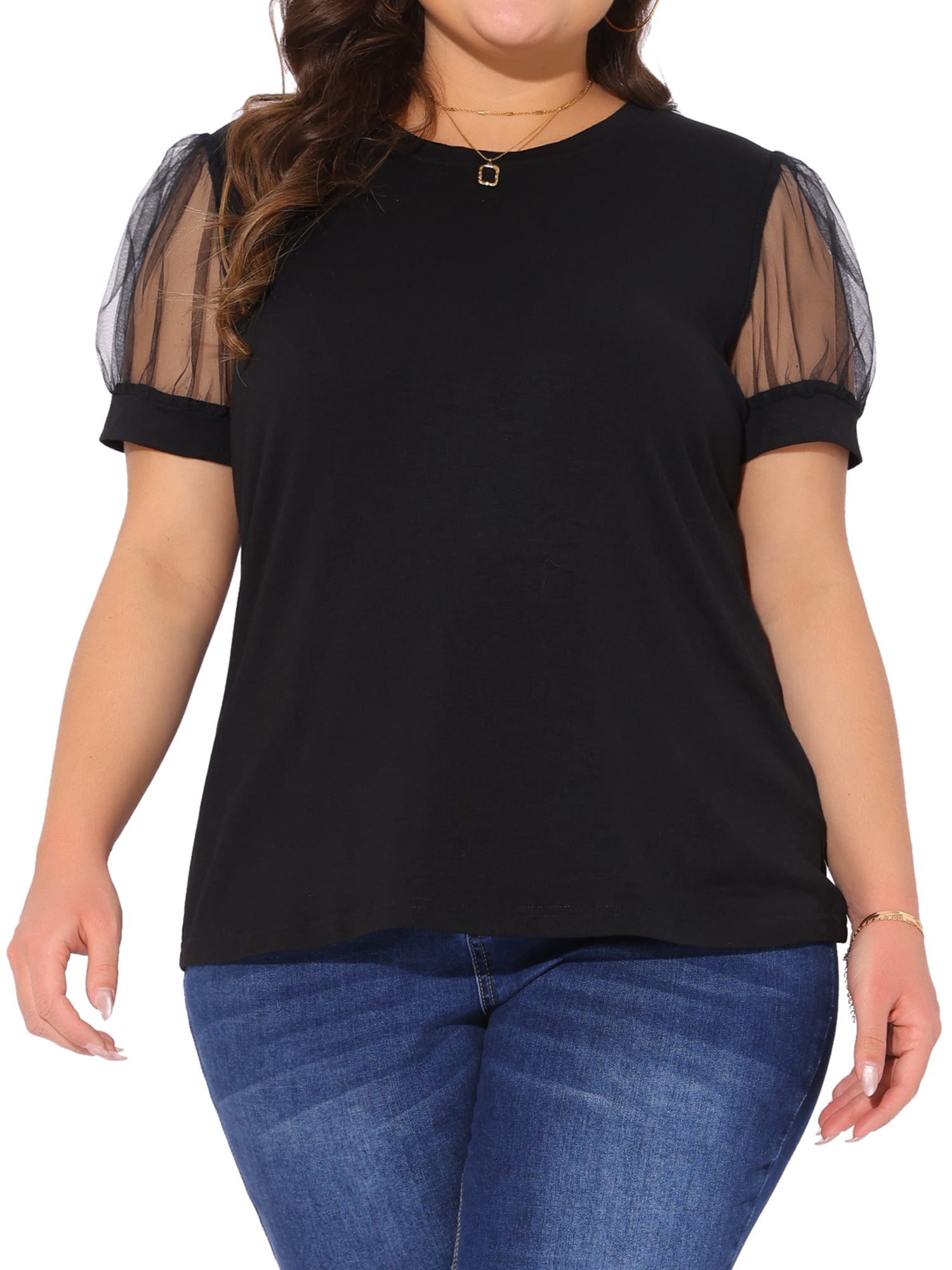 DARING DIVA Women's Plus Casual Crew Neck Mesh T Shirt Blouse Tops 2X Black