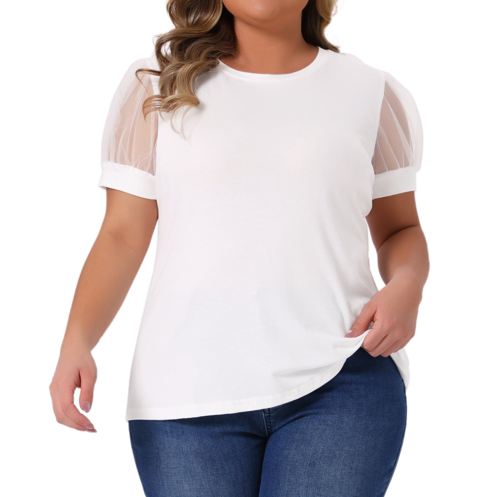 DARING DIVA Women's Plus Casual Crew Neck Mesh T Shirt Blouse Tops 3X White